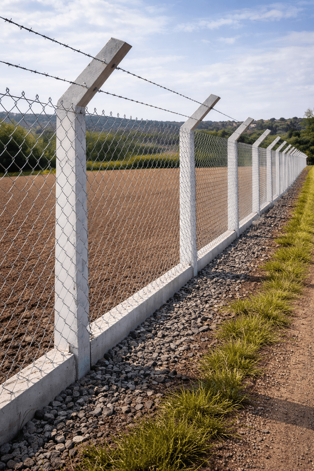Concrete fencing posts installed with chain-link on a farm boundary